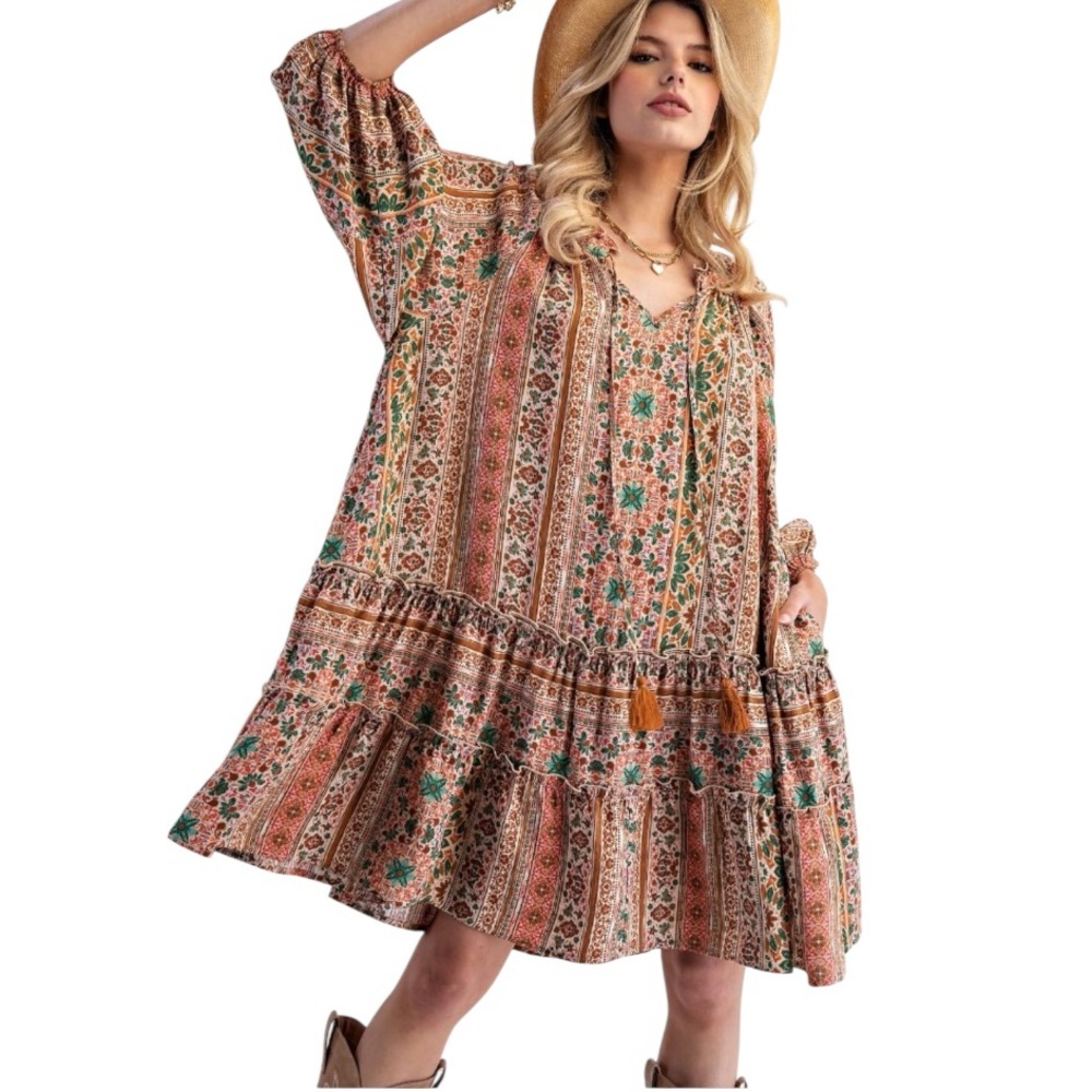 Easel Natural Farm Printed Rayon Nylon Ruffle Bottom Boho Oversized Dress S